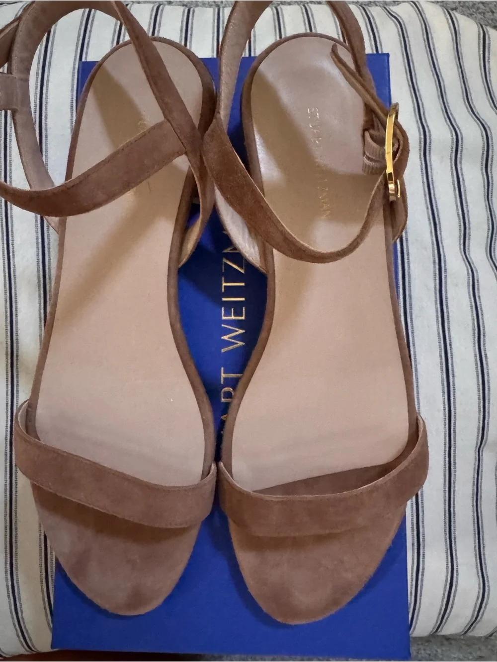 Stuart Weitzman Camel Suede Two-Strap Stacked Heel Sandals